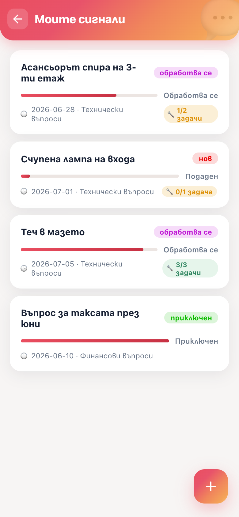 Моите сигнали — статуси и напредък по задачи